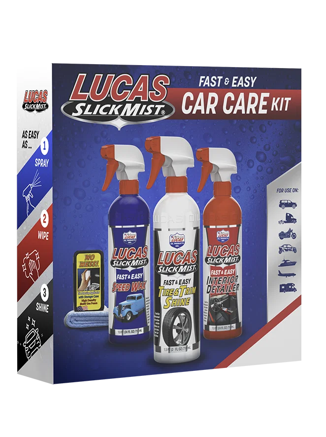 10558 – LUCAS OIL Car Detailing Kit, With 24 Ounce Interior Detailer/ 24 Ounce Speed Wax/ 24 Ounce Tire And Trim Shin...